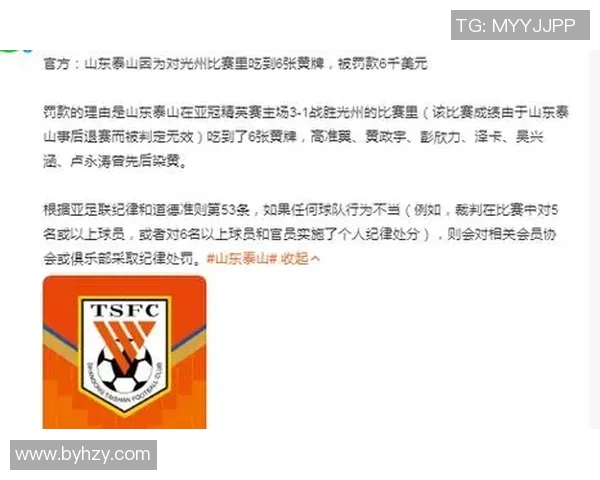 山东泰山遭重罚每张黄牌罚款1000美金亚足联执法引发争议
